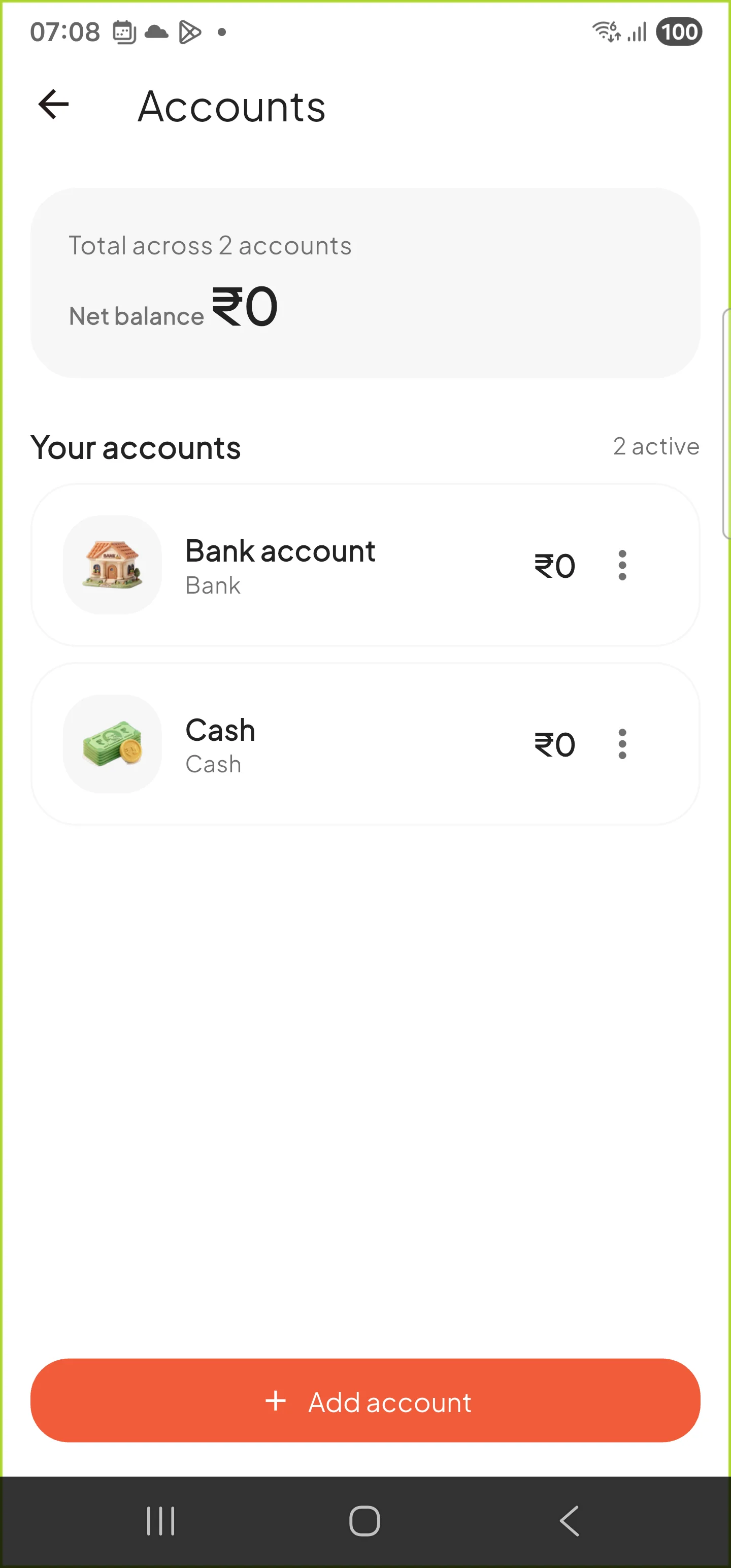 Paisa Note accounts screen listing a bank account and cash balance