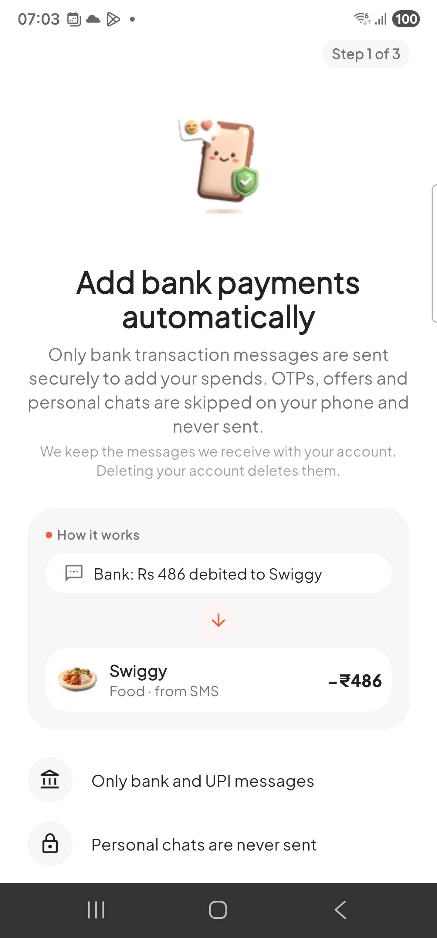 Paisa Note screen asking permission to read bank transaction messages
